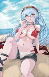 Rule 34 | 1girl, adapted costume, ankle strap, arm strap, arnice, artist name, beach, bikini, black choker, blush, breasts, choker, cleavage, collarbone, commentary, commission, denim, denim shorts, english commentary, food, highres, holding, ice cream, long hair, medium breasts, navel, nights of azure, o-ring, ocean, open clothes, open shorts, popsicle stick, shorts, sitting, solo, swimsuit, tunnarata, yellow eyes