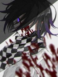 Rule 34 | 1boy, black hair, blood, blood on face, blood splatter, checkered clothes, checkered neckwear, checkered scarf, closed mouth, danganronpa (series), danganronpa v3: killing harmony, gradient hair, hair between eyes, hair over one eye, joh pierrot, male focus, multicolored hair, oma kokichi, purple eyes, purple hair, scarf, simple background, solo, straitjacket, upper body