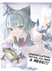 Rule 34 | 1girl, absurdres, ahoge, animal, barefoot, blue bow, blue dress, blue hair, blush, bow, cirno, collared shirt, commentary, detached wings, dress, english commentary, english text, fairy, frog, frozen frog, hair between eyes, hair bow, highres, ice, ice wings, looking at viewer, lying, on stomach, open mouth, ougiikun, pinafore dress, shirt, short hair, short sleeves, simple background, sleeveless, sleeveless dress, solo, the pose, touhou, white background, white shirt, wings