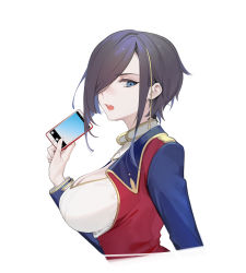Rule 34 | 1girl, absurdres, ark royal (azur lane), azur lane, black hair, blue eyes, breasts, cellphone, cleavage, cleavage cutout, clothing cutout, hair over one eye, highres, large breasts, looking at viewer, ohisashiburi, open mouth, phone, short hair, simple background, smartphone, solo, white background