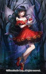 Rule 34 | 1girl, apple, bare shoulders, black hair, breasts, cleavage, company name, curly hair, dress, earrings, fairy wings, food, fruit, full body, gyakushuu no fantasica, high heels, highres, jewelry, leaf, long hair, night, official art, red dress, red eyes, solo, sparkle, teeth, tree, wings, xxxpechkaxxx