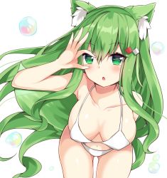 Rule 34 | 1girl, :o, animal ear fluff, animal ears, arm up, bare arms, bare shoulders, bikini, blush, breasts, bubble, collarbone, commentary, green eyes, green hair, hair between eyes, hair ornament, leaning forward, long hair, looking at viewer, maki soutoki, medium breasts, navel, original, parted lips, solo, swimsuit, symbol-only commentary, tail, very long hair, white background, white bikini