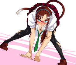 Rule 34 | 00s, 1girl, :p, bent over, blue eyes, blush, breasts, breath, cat tail, cleavage, glasses, large breasts, makinami mari illustrious, necktie, neon genesis evangelion, pantyhose, rebuild of evangelion, school uniform, solo, tail, tongue, tongue out, torn clothes, torn pantyhose, yurikawa