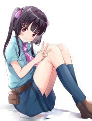 Rule 34 | 1girl, belt, black hair, blue shirt, blue shorts, blue socks, blunt bangs, brown belt, brown footwear, closed mouth, collared shirt, commentary, english commentary, hair ribbon, highres, long hair, looking at viewer, mixed-language commentary, necktie, pouch, purple eyes, purple necktie, ribbon, rikopin, senki zesshou symphogear, shirt, shoes, shorts, simple background, sitting, smile, socks, solo, striped necktie, thighs, tsukuyomi shirabe, twintails, uniform, white background