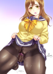Rule 34 | 1girl, artist name, bar censor, breasts, brown eyes, brown hair, censored, clothes lift, dildo, dildo under clothes, dildo under panties, jin nai, kunikida hanamaru, large breasts, long hair, love live!, love live! sunshine!!, open mouth, pantyhose, pussy, pussy juice, school uniform, sex toy, signature, skirt, skirt lift, squatting, thighband pantyhose, thighs, uranohoshi school uniform