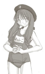 Rule 34 | 00s, 1girl, braid, cowboy shot, cross, glasses, greyscale, hat, interlocked fingers, kasuga yukihito, long hair, looking at viewer, lowres, mahou sensei negima!, monochrome, name tag, natsumi megumi, one-piece swimsuit, own hands clasped, own hands together, round eyewear, school swimsuit, simple background, solo, swimsuit, white background