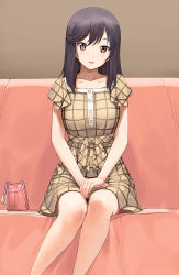 Rule 34 | 1girl, a1 (initial-g), aged up, bag, black hair, blush, breasts, brown eyes, collarbone, couch, dress, handbag, ichijou hotaru, indoors, knees together feet apart, lips, long hair, looking at viewer, medium breasts, non non biyori, open mouth, own hands together, sitting, smile, solo