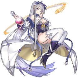Rule 34 | 1girl, aquarius (ark order), ark order, ass, blue footwear, blue nails, boots, bow, breasts, clothing cutout, coat, covered navel, flask, full body, garter straps, grey hair, hair bow, hatoyama itsuru, high heel boots, high heels, high ponytail, holding, holding flask, large breasts, leotard, liquid, long hair, nail polish, off shoulder, official art, potion, purple eyes, purple leotard, silver trim, solo, tachi-e, thighhighs, transparent background, underboob cutout, very long hair, white bow, white coat, white thighhighs, yellow bow