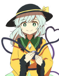 Rule 34 | 1girl, black hat, blouse, closed mouth, commentary request, green eyes, hat, hat ornament, komeiji koishi, long sleeves, looking at viewer, partial commentary, sasa kichi, shirt, silver hair, simple background, skirt, smile, solo, third eye, touhou, white background, wide sleeves, wings
