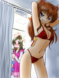 Rule 34 | 10s, 2011, 2girls, ^^^, armpits, bikini, blue eyes, blush, breasts, brown hair, cleavage, clothes hanger, cowboy shot, curtains, dated, dress, dressing room, grin, hair bobbles, hair ornament, houjou hibiki, kasuga rurito, long hair, long sleeves, may, minamino kanade, multiple girls, naughty face, navel, pink dress, ponytail, precure, price tag, red bikini, shop, shopping, sideboob, smile, suite precure, surprised, swimsuit, thighhighs, two side up, white thighhighs