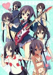 Rule 34 | &gt;;), 1girl, 2012, :d, :o, adjusting eyewear, bad id, bad pixiv id, bandages, bespectacled, bikini, black hair, blazer, braid, brown eyes, cardigan, dated, fang, glasses, guitar, heart, highres, instrument, jacket, k-on!, k-on! movie, kurou (quadruple zero), listen!!, long hair, multiple persona, nakano azusa, navel, no thank you! (k-on!), one-piece tan, open cardigan, open clothes, open mouth, parted lips, plaid, plaid bikini, polka dot, school uniform, shirt, singing! (k-on!), skirt, smile, sweater vest, swimsuit, t-shirt, tan, tanline, twin braids, twintails, v-shaped eyebrows