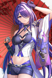 Rule 34 | 1girl, acheron (honkai: star rail), arm up, artist name, asymmetrical gloves, blue eyes, blue shorts, blush, breasts, chain, collarbone, cowboy shot, gloves, hair over one eye, highres, holding, holding umbrella, honkai: star rail, honkai (series), large breasts, long hair, looking at viewer, mismatched gloves, mitsukayurie, navel, one eye covered, parted lips, purple gloves, purple hair, short shorts, shorts, simple background, single bare shoulder, stomach, umbrella, white background