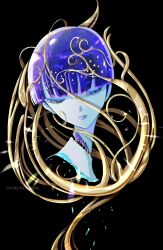 Rule 34 | 1other, black background, blue eyes, blue hair, blue lips, blunt bangs, bowl cut, closed eyes, closed mouth, colored eyelashes, facing viewer, gold, golden arms, hashtag-only commentary, heterochromia, highres, houseki no kuni, lapis lazuli (gemstone), lips, nukumorineko, other focus, pale skin, phosphophyllite, phosphophyllite (gemstone), phosphophyllite (ll), severed head, shards, short hair, simple background, solo, sparkle, spoilers, twitter username, white eyes