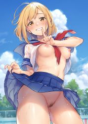 Rule 34 | 1girl, :d, ahoge, blonde hair, blue sailor collar, blue skirt, blue sky, blush, breasts, breasts out, clothes lift, cloud, cowboy shot, day, exhibitionism, female pubic hair, finger to mouth, from below, grin, highres, index finger raised, lifting own clothes, looking at viewer, medium breasts, miniskirt, navel, neckerchief, nipples, no bra, no panties, open mouth, orange eyes, original, outdoors, pleated skirt, pubic hair, public indecency, red neckerchief, sailor collar, school uniform, see-through, serafuku, shirt, shirt lift, short hair, short sleeves, skirt, skirt lift, sky, smile, solo, swept bangs, teeth, textless version, thighs, tree, wantan meo, water drop, wet, wet clothes, wet shirt, white shirt