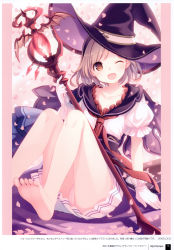 Rule 34 | 1girl, absurdres, barefoot, djeeta (granblue fantasy), granblue fantasy, hat, head tilt, highres, one eye closed, open mouth, page number, panties, scan, short hair, simple background, sitting, skirt, solo, staff, thighs, toes, underwear, witch hat, yashiro seika