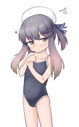 Rule 34 | 1girl, absurdres, alternate costume, black one-piece swimsuit, competition school swimsuit, covered navel, feet out of frame, gradient hair, hat, highres, kantai collection, maru (marg0613), multicolored hair, one-hour drawing challenge, one-piece swimsuit, purple eyes, purple hair, sailor hat, school swimsuit, short hair, short hair with long locks, sidelocks, simple background, solo, swimsuit, tsushima (kancolle), white background, white hat