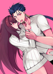 Rule 34 | 1boy, 1girl, blue hair, candy, chocolate, chocolate heart, cu chulainn (fate), cu chulainn (fate/stay night), earrings, fate/grand order, fate (series), food, hair intakes, hair strand, heart, highres, holding another&#039;s wrist, hyakuichi, jewelry, long hair, one eye closed, open mouth, pink background, ponytail, purple hair, red eyes, ribbed sweater, scathach (fate), shirt, simple background, sweater, white shirt, white sweater
