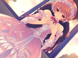 Rule 34 | 00s, 1girl, brown eyes, brown hair, dress, dutch angle, game cg, indoors, mitsumi misato, solo, solo focus, to heart (series), to heart 2, to heart 2 ad, yamada michiru