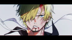Rule 34 | 1boy, blonde hair, blood, blood from mouth, blue eyes, cigarette, facial hair, hair over one eye, injury, letterboxed, looking at viewer, male focus, one piece, sanji (one piece), serious, smoking, solo, taro (honyarara00), white background