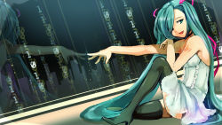 Rule 34 | 1girl, aqua eyes, aqua hair, aquasnow, bad id, bare shoulders, binary, boots, dress, dutch angle, hair over one eye, hatsune miku, highres, long hair, looking at viewer, open mouth, reflection, sitting, skirt, smile, solo, thigh boots, thighhighs, twintails, very long hair, vocaloid, white dress, white skirt, zettai ryouiki