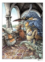 Rule 34 | 3boys, bird, blue bird, border, cape, commentary, david petersen, english commentary, fantasy, full body, furry, furry male, glasses, male focus, mouse boy, mouseguard (comic), multiple boys, no humans, official art, polearm, rug, spear, sword, weapon, western comics (style), white border