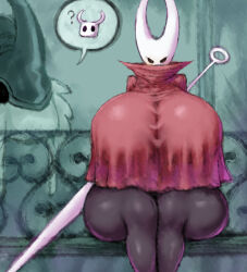 Rule 34 | 1girl, 2b-ge, ?, black skin, blush, breasts, colored skin, curvy, dress, eyelashes, female focus, furry, furry female, gigantic breasts, hollow knight, hornet (hollow knight), horns, red dress, sitting, sword, the last stag, thick thighs, thighs, weapon, wide hips
