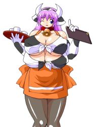 Rule 34 | 1girl, animal ears, bell, blue eyes, breasts, cleavage, collar, cow ears, cow girl, cow horns, cowbell, drink, elbow gloves, covered erect nipples, extra breasts, gloves, horns, huge breasts, maruke, one eye closed, original, pantyhose, pencil skirt, purple hair, skirt, solo, tray, waitress, wink