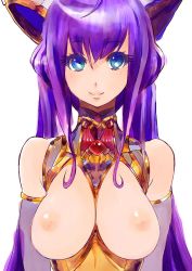 Rule 34 | 1girl, blue eyes, breastless clothes, breasts, detached sleeves, large breasts, long hair, looking at viewer, nipples, purple hair, smile, solo, tori kaku, twintails, white background