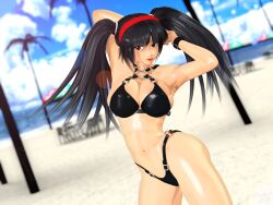 Rule 34 | 1girl, 3d, armpits, arms behind head, bikini, black hair, breasts, cleavage, fighting vipers, highres, honey (fighting vipers), large breasts, seductive smile, sega, smile, swimsuit, twintails