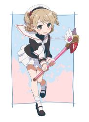 Rule 34 | black footwear, black shirt, blue background, blush, border, brown eyes, cardcaptor sakura, commentary request, cosplay, dot nose, drill hair, fuuin no tsue, hair bobbles, hair ornament, hat, highres, holding, holding wand, idolmaster, idolmaster cinderella girls, kinomoto sakura, kinomoto sakura (cosplay), legs, light brown hair, long sleeves, looking at viewer, mary janes, medium hair, miniskirt, morikubo nono, neckerchief, open mouth, sailor collar, school uniform, shirt, shisui (5830217), shoes, short twintails, skirt, socks, standing, standing on one leg, thighs, tomoeda elementary school uniform, twintails, twitter username, wand, white border, white hat, white neckerchief, white sailor collar, white skirt, white socks, wind