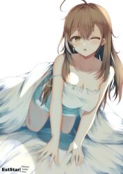 Rule 34 | 1girl, ahoge, aties20, bare arms, bare shoulders, bed sheet, blush, brown hair, collarbone, commentary request, dress, frilled dress, frills, hololive, hololive english, long hair, looking at viewer, nanashi mumei, one eye closed, open mouth, orange eyes, simple background, sleeveless, sleeveless dress, solo, strap slip, under covers, very long hair, virtual youtuber, white background, white dress