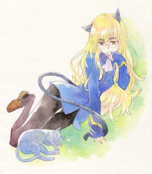 Rule 34 | 1girl, agahari, animal ears, black pantyhose, blonde hair, cat, cat ears, cat tail, glasses, highres, long hair, long sleeves, lying, military, military uniform, on side, painting (medium), pantyhose, perrine h. clostermann, shoe dangle, sleeping, sleeves past wrists, solo, strike witches, tail, traditional media, uniform, watercolor (medium), world witches series, yellow eyes