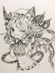 Rule 34 | 1girl, bad id, bad twitter id, bloomers, brooch, clenched hands, commentary request, crop top, flandre scarlet, gotou (nekocat), greyscale, hands up, hat, hat ribbon, highres, horns, jewelry, laevatein, long hair, looking at viewer, midriff, mob cap, monochrome, navel, one eye closed, one side up, pointy ears, ribbon, simple background, smile, solo, teeth, touhou, traditional media, underwear, wings, wrist cuffs
