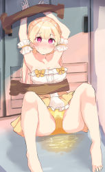 Rule 34 | 100081yazyu, 1girl, absurdres, armpits, bang dream!, barefoot, bdsm, blonde hair, blush, bondage, bound, breasts, cleavage, closed mouth, collarbone, door, dress, embarrassed, empty eyes, female focus, full body, highres, knees up, locker, long hair, looking at viewer, medium breasts, nose blush, panties, peeing, peeing self, puddle, purple eyes, shirasagi chisato, sitting, solo, spread legs, strapless, strapless dress, sweat, tape, tears, underwear, upskirt, wet, wet clothes, yellow dress, yellow panties