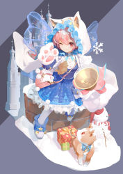 Rule 34 | 1girl, animal ears, animal hands, cat, cat ears, cat paws, christmas, fake animal ears, food fantasy, gift, gloves, highres, looking at viewer, lynn (chenji8865), one eye closed, pale skin, paw gloves, pink hair, red eyes, snowflakes, snowman, solo, strawberry daifuku (food fantasy), winter