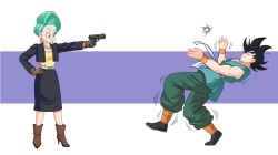 Rule 34 | 1boy, 1girl, aiming, ankle boots, aqua hair, belt, black footwear, black hair, black jacket, black skirt, blue eyes, boots, breasts, brown footwear, brown gloves, bulma, closed mouth, cmwl 59, collarbone, dougi, dragon ball, dragonball z, earrings, eyelashes, closed eyes, falling, firing, frown, full body, gloves, gun, hand on own hip, handgun, highres, hoop earrings, jacket, jewelry, lipstick, long skirt, looking at another, makeup, martial arts belt, messy hair, motion lines, necklace, outstretched arm, pearl necklace, pistol, purple background, red lips, shirt, shirt tucked in, short hair, simple background, skirt, smile, son goku, standing, standing on one leg, striped, striped background, two-tone background, very short hair, weapon, white background, white belt, wristband, yellow shirt