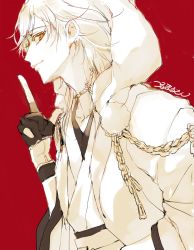 Rule 34 | 10s, 1boy, black gloves, character name, from below, gloves, japanese clothes, looking at viewer, looking down, male focus, momoshiki tsubaki, partially fingerless gloves, red background, sketch, solo, touken ranbu, tsurumaru kuninaga
