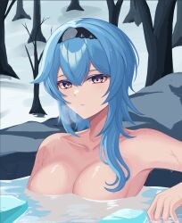Rule 34 | 1girl, apn (apn94509238), bare tree, black hairband, blue hair, breasts, commentary, commentary request, eula (genshin impact), genshin impact, hairband, highres, large breasts, long hair, nude, parted lips, partially submerged, revision, rock, snow, solo, tree, upper body, water, yellow eyes