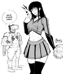 1boy 1girl 69_(meme) american_football_uniform chainsaw chainsaw_devil chainsaw_man cheerleader choker cleats crop_top facial_scar greyscale highres long_sleeves meme middle_finger monochrome navel pom_pom_(cheerleading) scar scar_on_cheek scar_on_face shirt shorts skirt socks spanish_text speech_bubble sportswear thighhighs victorbalgitt yoru_(chainsaw_man)