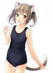 Rule 34 | 1girl, animal ear fluff, animal ears, bare arms, bare shoulders, black one-piece swimsuit, black ribbon, breasts, brown eyes, brown hair, cat ears, cat girl, cat tail, collarbone, commentary request, gluteal fold, hair ribbon, highres, holding tail, old school swimsuit, one-piece swimsuit, original, ribbon, school swimsuit, shibacha, simple background, small breasts, solo, swimsuit, tail, tail grab, thigh gap, twintails, white background
