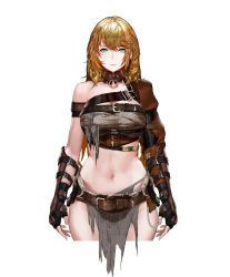Rule 34 | 1girl, absurdres, armor, bad id, bad pixiv id, bare shoulders, belt, breasts, brown belt, brown gloves, chinese commentary, cleavage, closed mouth, collar, collarbone, commentary request, facing viewer, fingerless gloves, gloves, green eyes, hair between eyes, highres, large breasts, leather armor, leather belt, lips, long hair, looking at viewer, navel, original, rags, shoulder armor, simple background, single bare shoulder, sleeveless, solo, stomach, strap, torn clothes, upper body, white background, xiaoluo xl