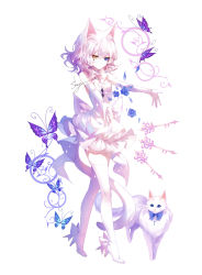 Rule 34 | 1girl, animal ears, bare shoulders, blue eyes, blue flower, blue rose, bug, butterfly, cat, cat ears, cat girl, cat tail, dress, elbow gloves, facial mark, flower, full body, gloves, heterochromia, highres, insect, key, original, outstretched arms, outstretched hand, pale skin, rose, sheya, short hair, simple background, sleeveless, sleeveless dress, solo, tail, thighhighs, wavy hair, white background, white cat, white dress, white thighhighs, yellow eyes