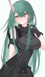 Rule 34 | 1girl, absurdres, arknights, black gloves, black shirt, blush, breasts, closed mouth, commentary, covered navel, gloves, green hair, hair between eyes, hand up, highres, horns, hoshiguma (arknights), large breasts, long hair, looking at viewer, nui (nuinui0300), shirt, sidelocks, simple background, single horn, skin-covered horns, sleeveless, sleeveless shirt, solo, sweatdrop, white background, yellow eyes