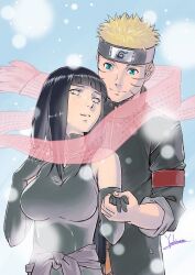 1boy 1girl black_gloves black_hair blonde_hair blue_eyes breasts elbow_gloves facial_mark forehead_protector gloves hand_grab hetero highres husband_and_wife hyuuga_hinata ii_fuufu_no_hi large_breasts naruto:_the_last naruto_(series) pink_scarf purple_eyes scarf shared_clothes shared_scarf signature sleeveless uzumaki_naruto whisker_markings yoshinaga_masahiro