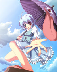 Rule 34 | 1girl, :p, a flow, ahoge, bad id, bad pixiv id, blue eyes, blue hair, cloud, female focus, heterochromia, highres, karakasa obake, outdoors, outstretched arm, outstretched hand, reaching, red eyes, sandals, short hair, sky, solo, tatara kogasa, tongue, tongue out, touhou, umbrella