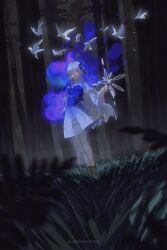 1girl :d absurdres anemone_(flower) arm_at_side bird blue_dress blue_eyes blue_flower blurry blurry_foreground dark dress dutch_angle flower forest full_body gradient_clothes gradient_dress grass grin hair_flower hair_ornament hair_over_one_eye hand_up highres isekaijoucho kamitsubaki_studio legs_together long_hair long_sleeves looking_at_viewer nature one_eye_covered open_mouth outdoors pantyhose short_dress sidelocks smile solo standing suzukasuraimu tree white_bird white_dress white_hair white_pantyhose