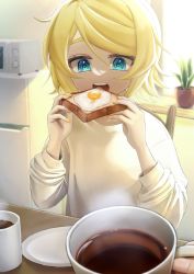 Rule 34 | 1girl, 1other, aqua eyes, ataraii moyasi, backlighting, blonde hair, blouse, blue eyes, bread slice, breakfast, coffee, coffee mug, cup, eating, food, fried egg, fried egg on toast, grey pajamas, highres, holding, holding food, indoors, kagamine rin, kitchen, long sleeves, looking at food, messy hair, microphone, microwave, mug, nail polish, open mouth, pajamas, pale skin, plant, plate, potted plant, pov, pov across table, pov hands, refrigerator, ringed eyes, shirt, short hair, solo focus, swept bangs, table, teeth, toast, upper teeth only, vocaloid, white shirt, window, yellow nails