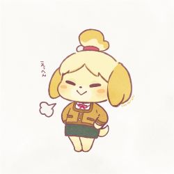 Rule 34 | 1girl, puff of air, animal crossing, animal ears, artist name, ayu (mog), barefoot, blonde hair, blush stickers, body fur, closed eyes, closed mouth, dog ears, dog girl, dog tail, female focus, full body, furry, furry female, green skirt, hair tie, hands on own hips, happy, isabelle (animal crossing), jacket, japanese text, long sleeves, miniskirt, neck ribbon, nintendo, pencil skirt, red ribbon, ribbon, shirt, short hair, signature, simple background, skirt, smile, solo, standing, tail, topknot, translation request, white background, white shirt, yellow jacket