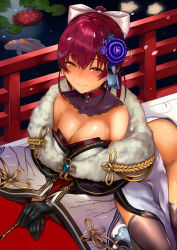 Rule 34 | 1girl, smile, armpit crease, bare shoulders, black gloves, blush, bow, breasts, cleavage, detached collar, detached sleeves, female focus, gloves, gold trim, hair between eyes, hair bow, half-closed eyes, hololive, hoshara, houshou marine, japanese clothes, kimono, large breasts, lipstick, looking at viewer, makeup, nose blush, outdoors, red hair, seductive smile, shiny skin, sidelocks, smile, solo, straddling, thighhighs, thighs, virtual youtuber, yellow eyes