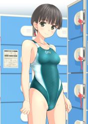 Rule 34 | 1girl, absurdres, aqua one-piece swimsuit, black hair, bob cut, breasts, competition swimsuit, contrapposto, cowboy shot, green eyes, highres, indoors, locker, locker room, looking at viewer, one-piece swimsuit, original, short hair, small breasts, solo, standing, swimsuit, takafumi